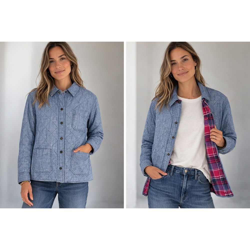 Lands End Womens Reversible Quilted Barn Jacket Chore Coat Blue Chambray Plaid M